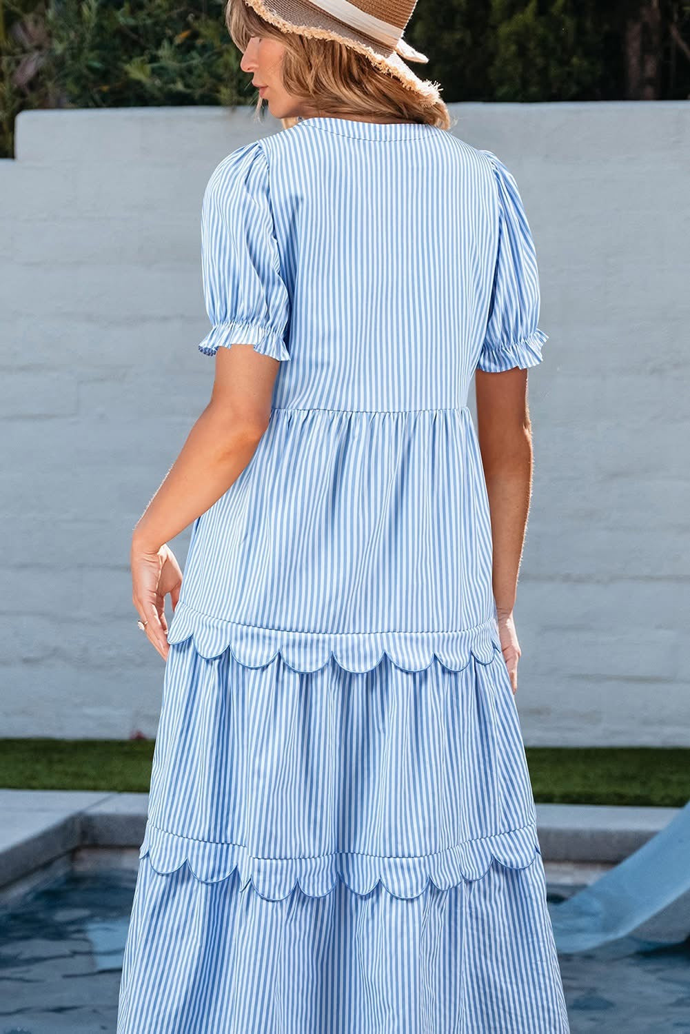 Sky Blue Stripe Bubble Sleeve tiered Dress