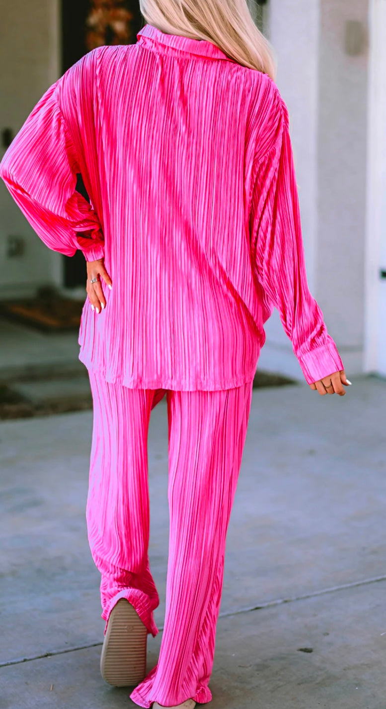 Pleated Button Up Shirt and Wide-Leg Pants Set