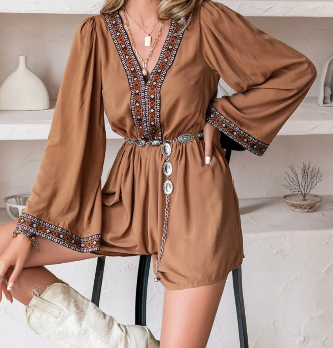 V-Neck Long Sleeve Romper