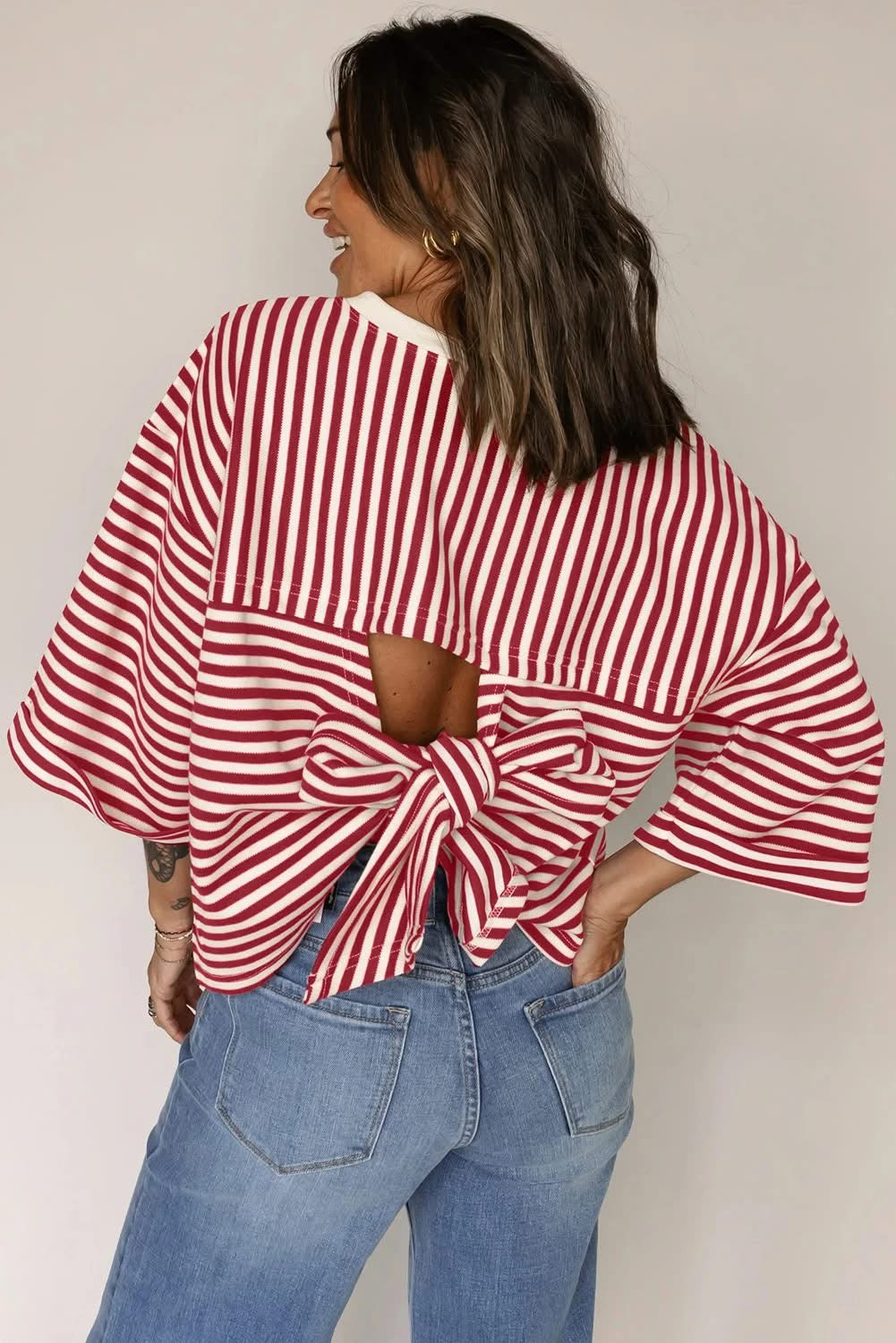 Striped Bowknot Backless T-Shirt