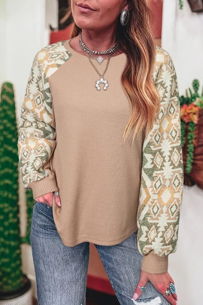 Waffle Aztec Patchwork Raglan Sleeve Knit Top