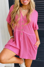 Load image into Gallery viewer, Spiral Ribbed Short Sleeve V Neck Buttoned Romper with Pocket
