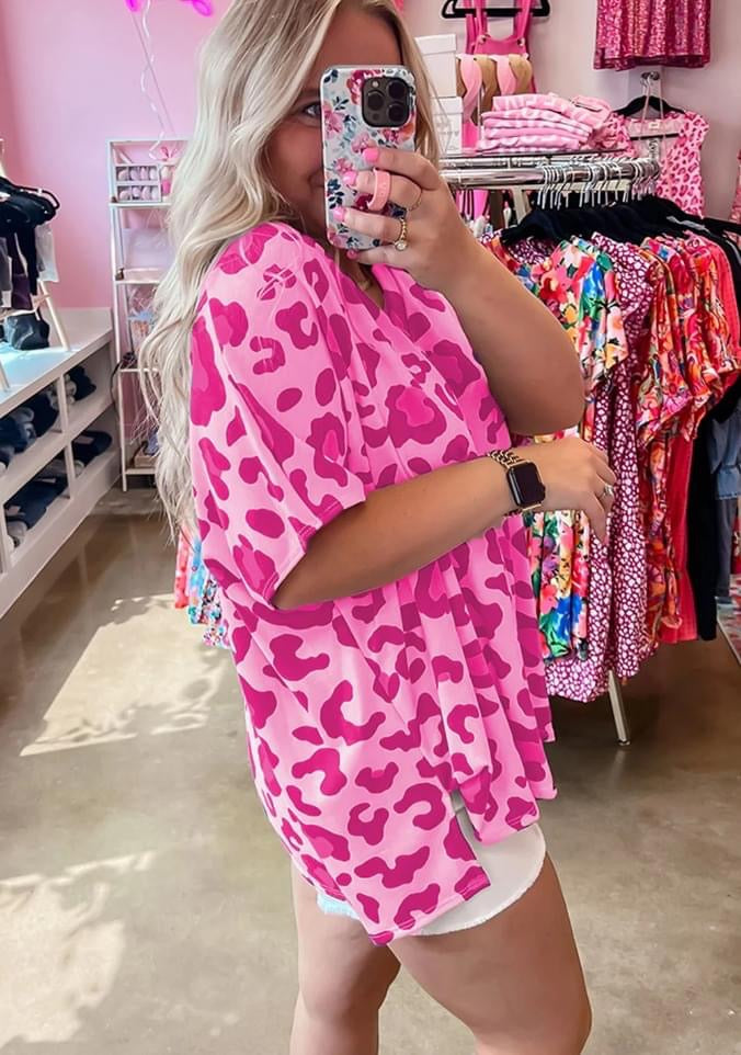 Plus size Pink Leopard Print Vneck Tee