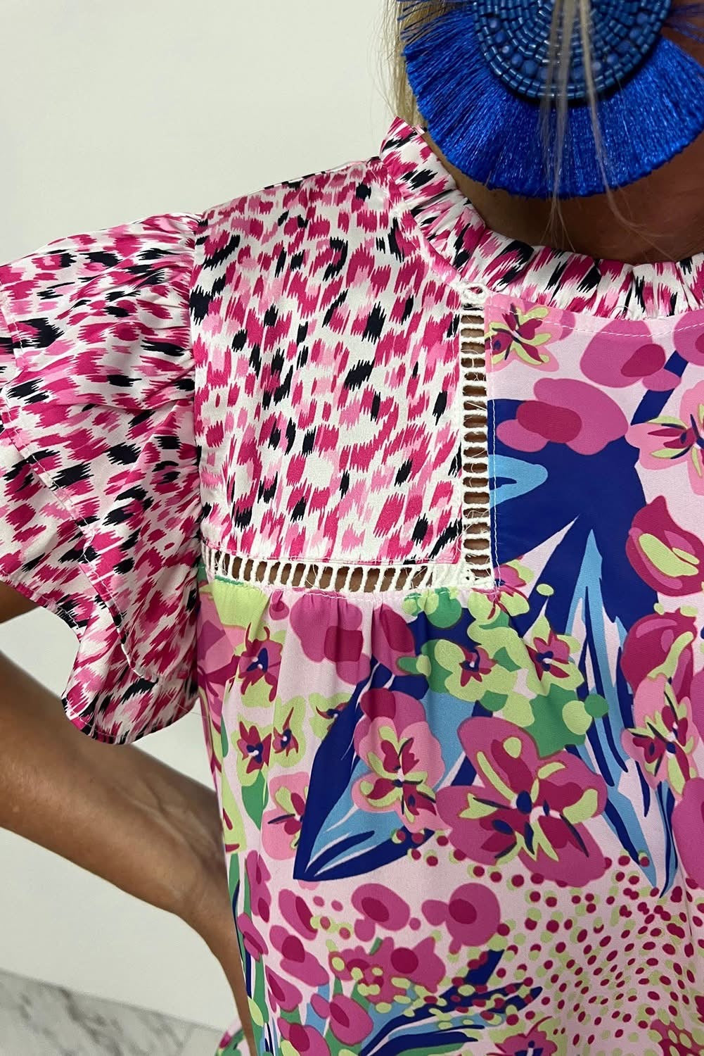 Pink Floral Mixed Ruffle Cap Sleeve Blouse