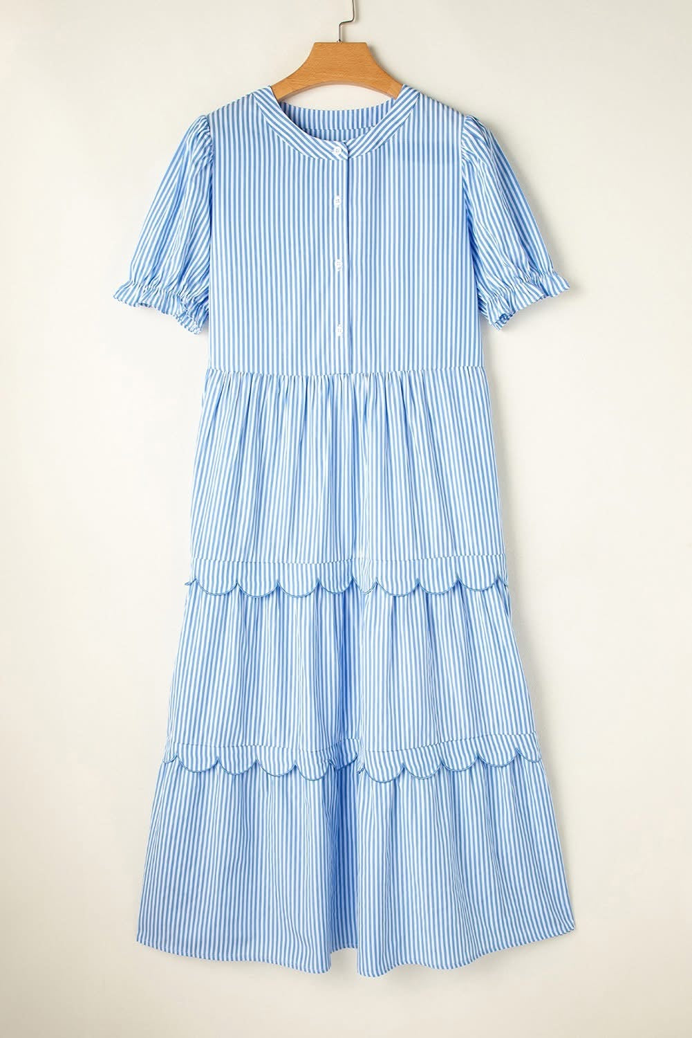 Sky Blue Stripe Bubble Sleeve tiered Dress
