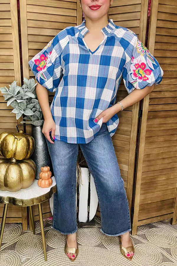 Floral Embroidery Plaid Top