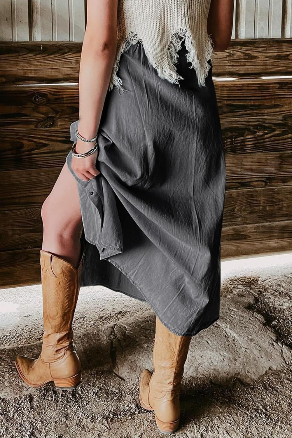Buttoned Long Denim Skirt