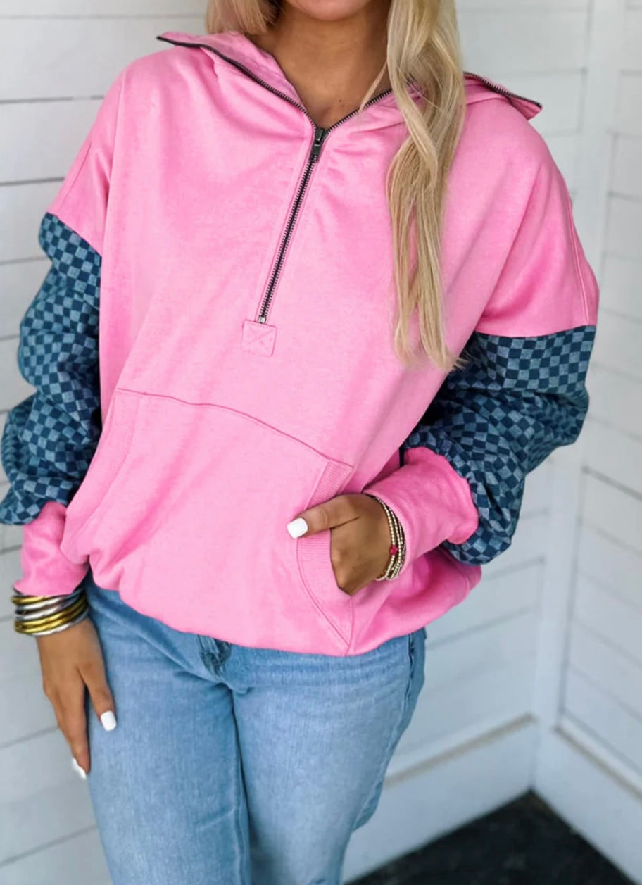 Checkered Patchwork Kangaroo Pocket Half Zipper Hoodie