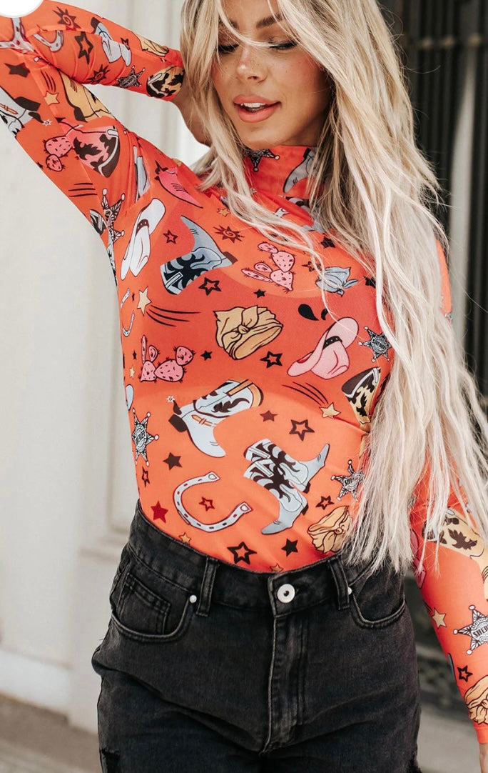 Printed Mock Neck Long Sleeve Bodysuit