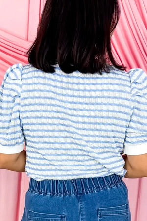 ON CLOUD NINE LIGHT BLUE STRIPED PUFF SLEEVE BLOUSE **SHIPPING EXPECTED TO BEGIN ON DATE 5/31**