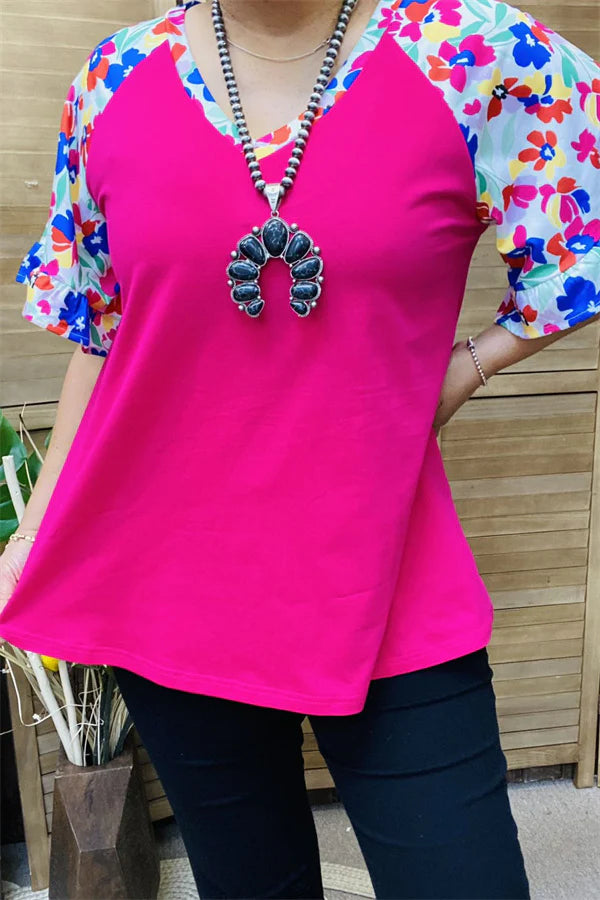 Multi Color Floral Print Fuschia Top