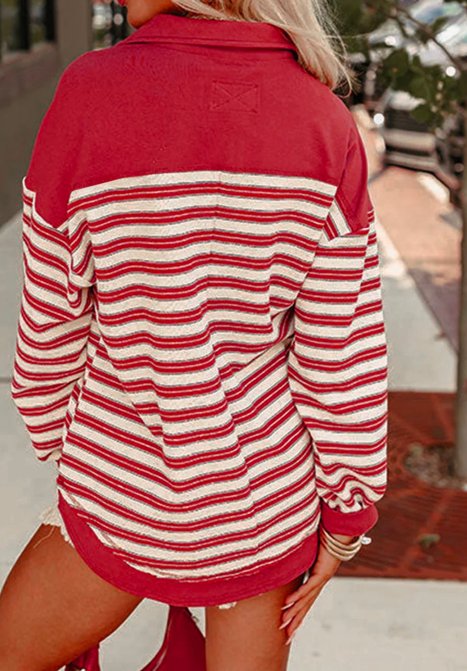 Stripe Buttoned V Neck Collared Top
