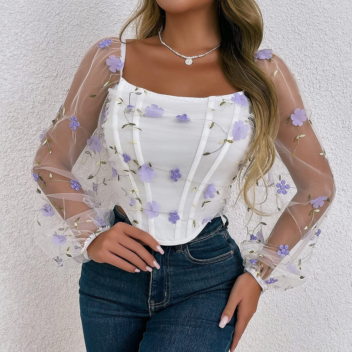 Floral Embroidery Off Shoulder Lantern Sleeve Curved Hem Top