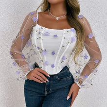 Load image into Gallery viewer, Floral Embroidery Off Shoulder Lantern Sleeve Curved Hem Top
