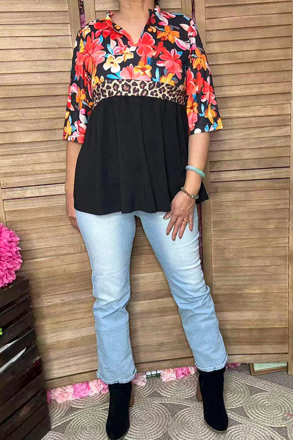 Floral Leopard Color Block Top