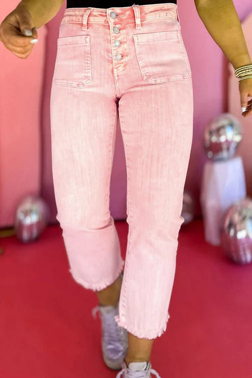 PLUS SIZE THE DAPHNE APRICOT PINK BUTTON FLY SLIM JEANS **SHIPPING EXPECTED TO BEGIN ON DATE 8/30**