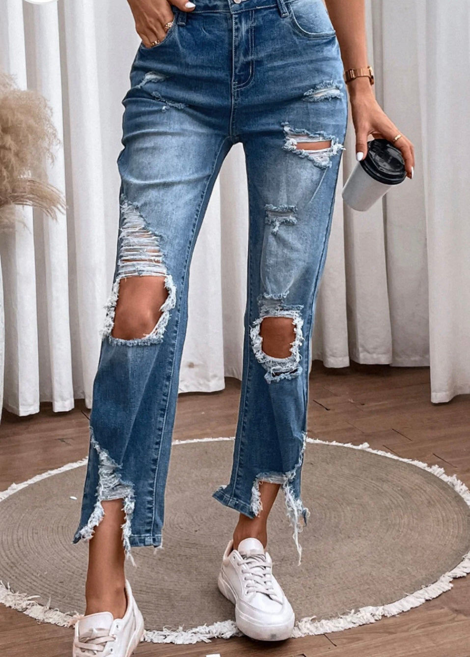 Distressed Raw Hem Straight Jeans