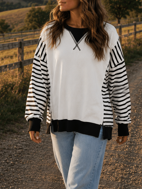 Red Stripe Sleeve Patchwork Casual Knit Top