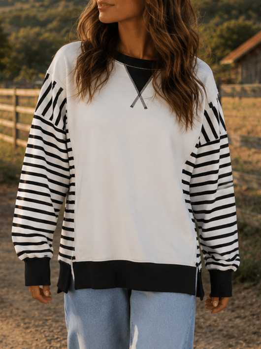 Red Stripe Sleeve Patchwork Casual Knit Top