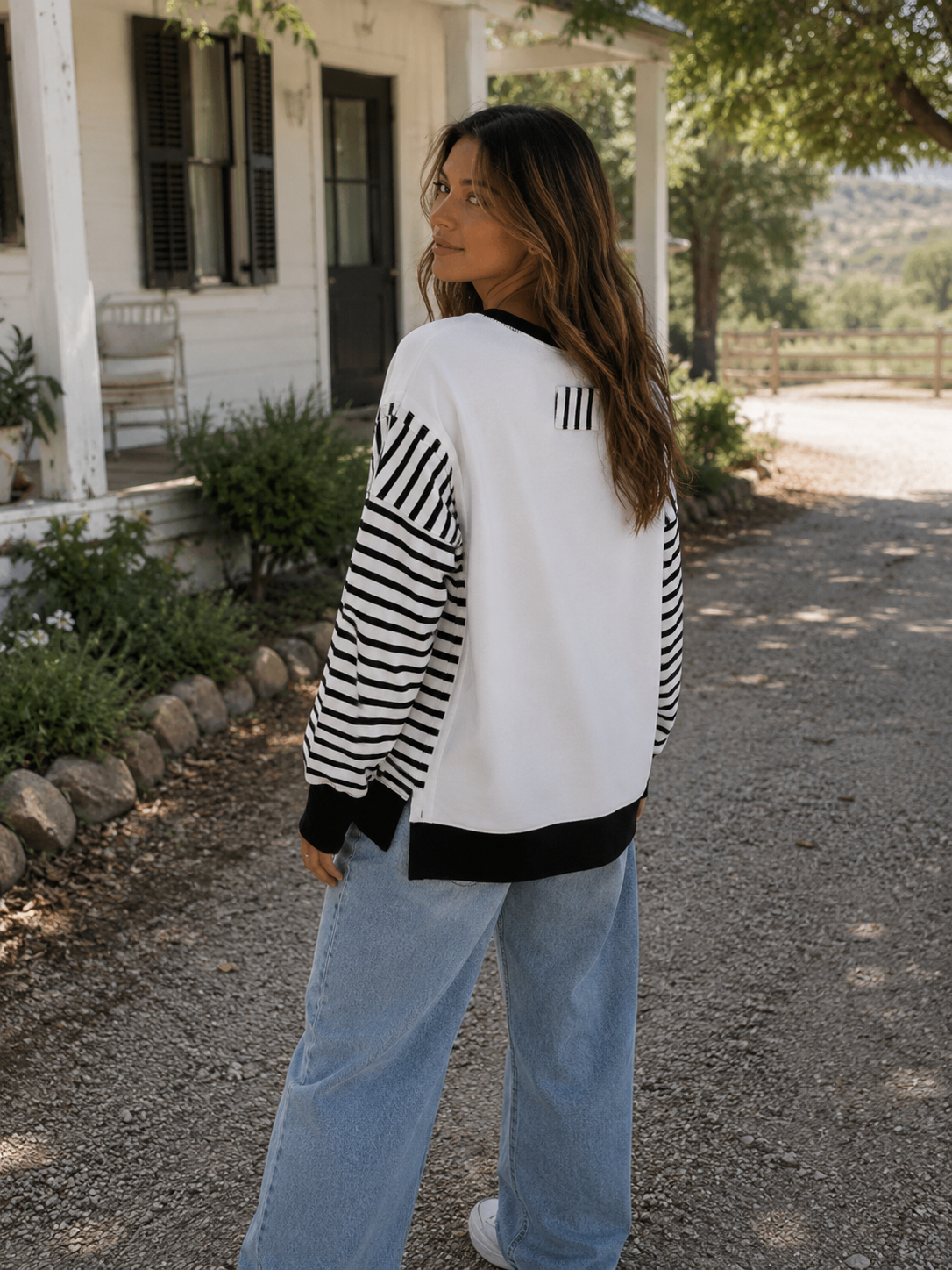 Red Stripe Sleeve Patchwork Casual Knit Top