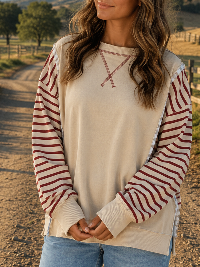 Red Stripe Sleeve Patchwork Casual Knit Top