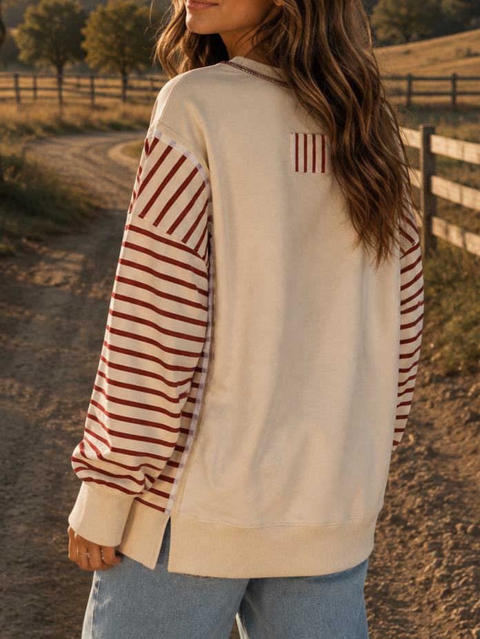 Red Stripe Sleeve Patchwork Casual Knit Top