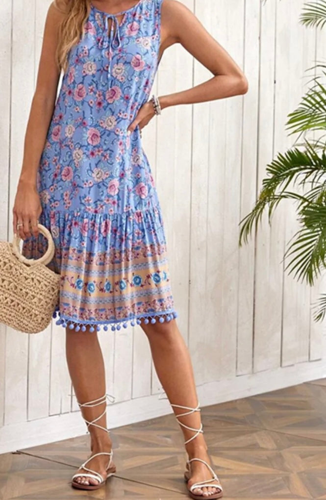 Tie Neck Sleeveless Floral Dress