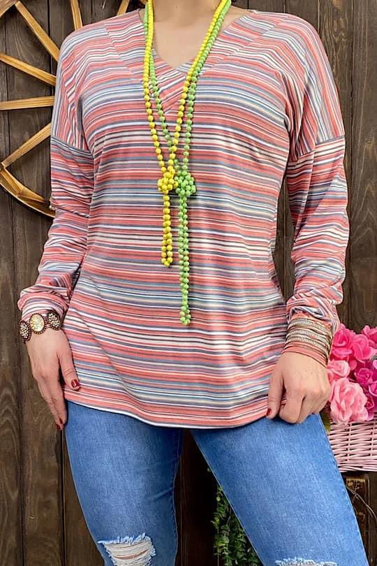 Multi Color Striped Vneck Top