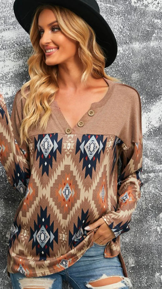 Brown Western Print Buttoned V Neck Top Amazing Willow Co
