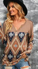 Load image into Gallery viewer, Brown Western Print Buttoned V Neck Top
