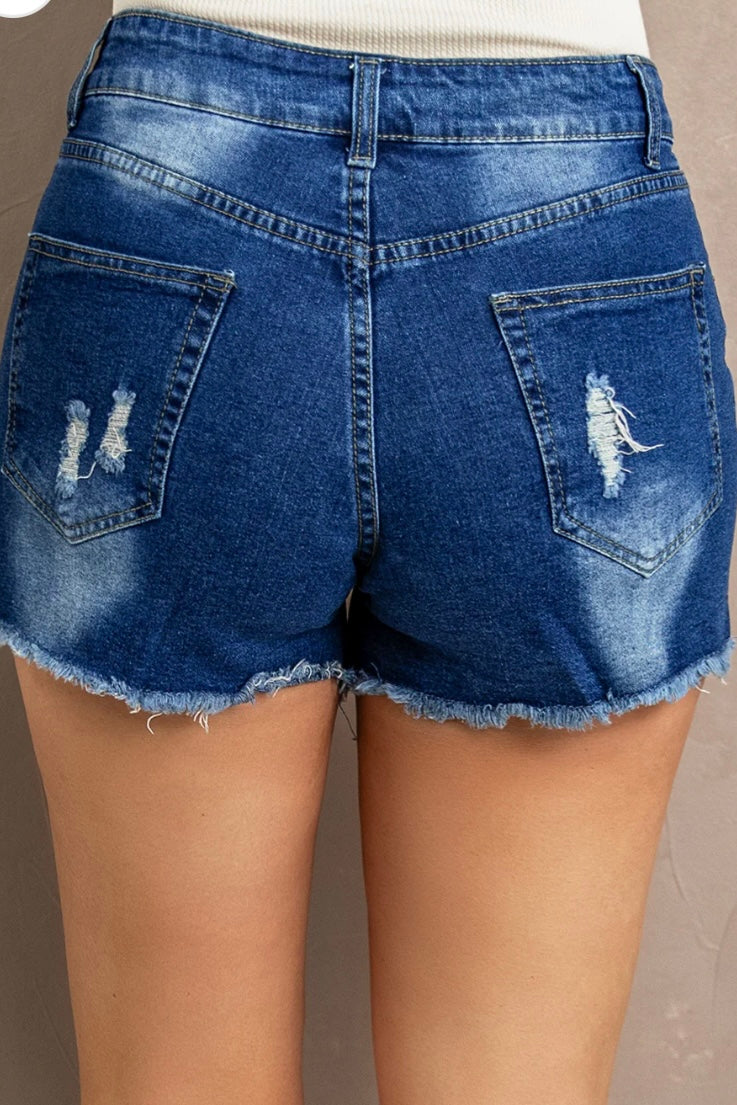 Spliced Lace Distressed Denim Shorts