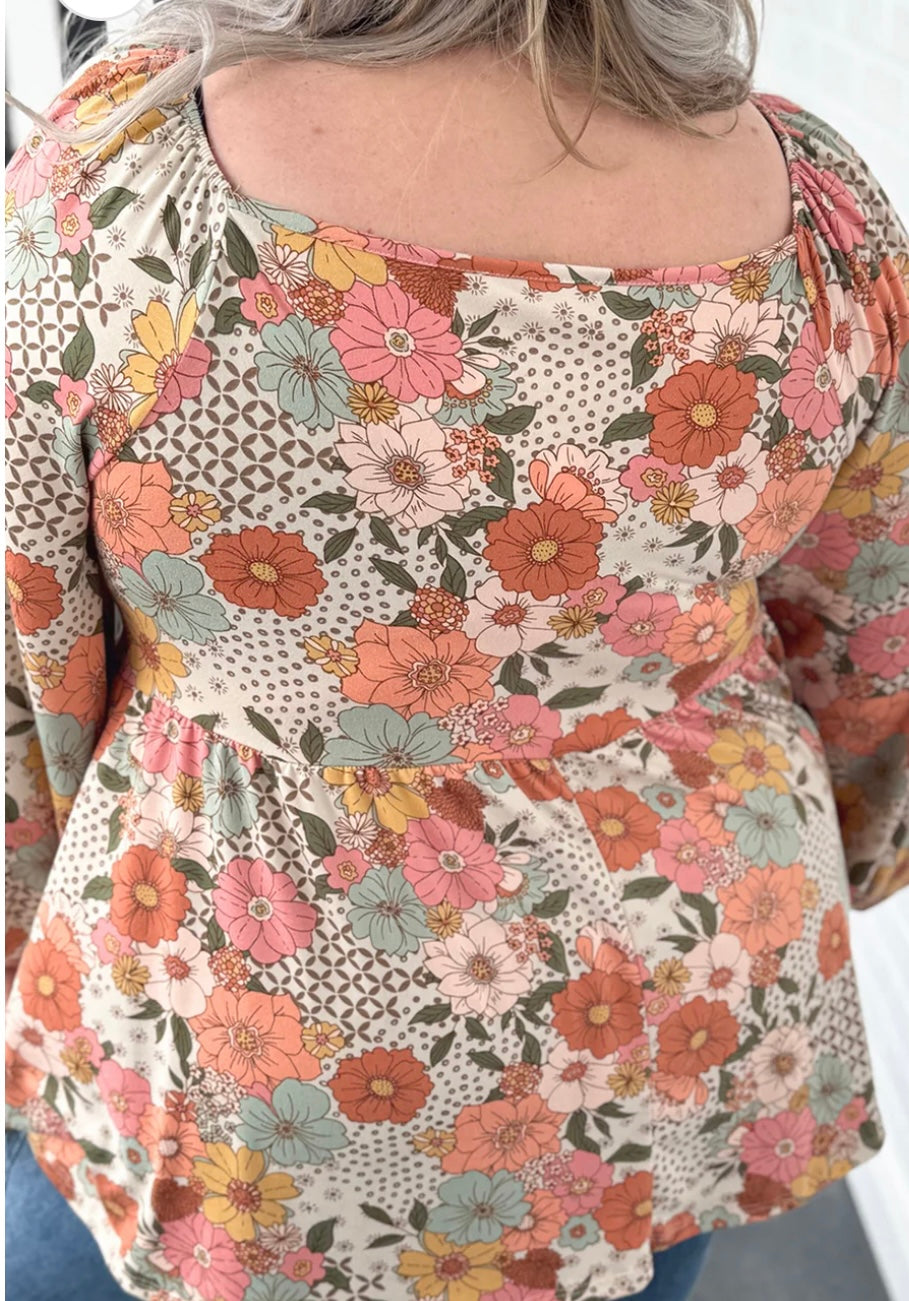 Plus Size Flower Square Neck Blouse (Ships 10/8)