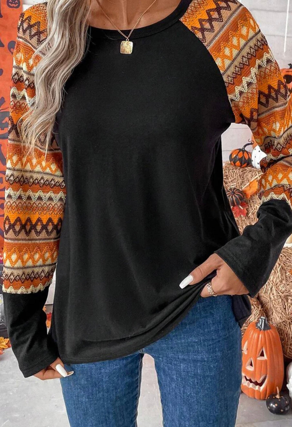 Geo Print Raglan Patchwork Tee