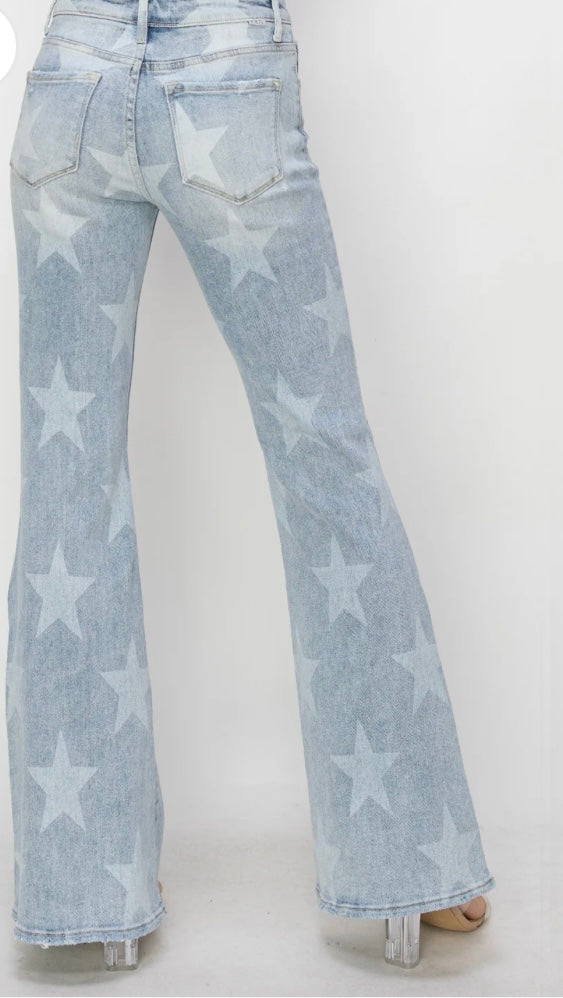 Risen Mid Rise Button Fly Start Print Flare Jeansp