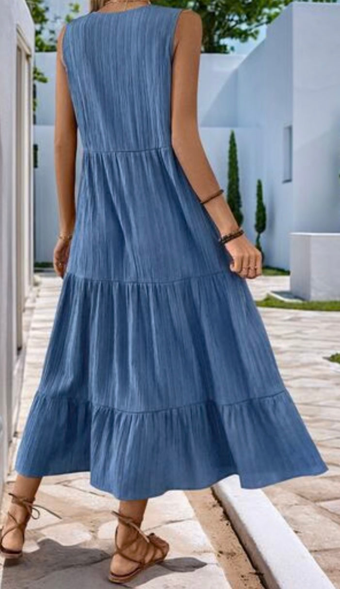 Perfee Decorative Button Notched Sleeveless Tiered Dress