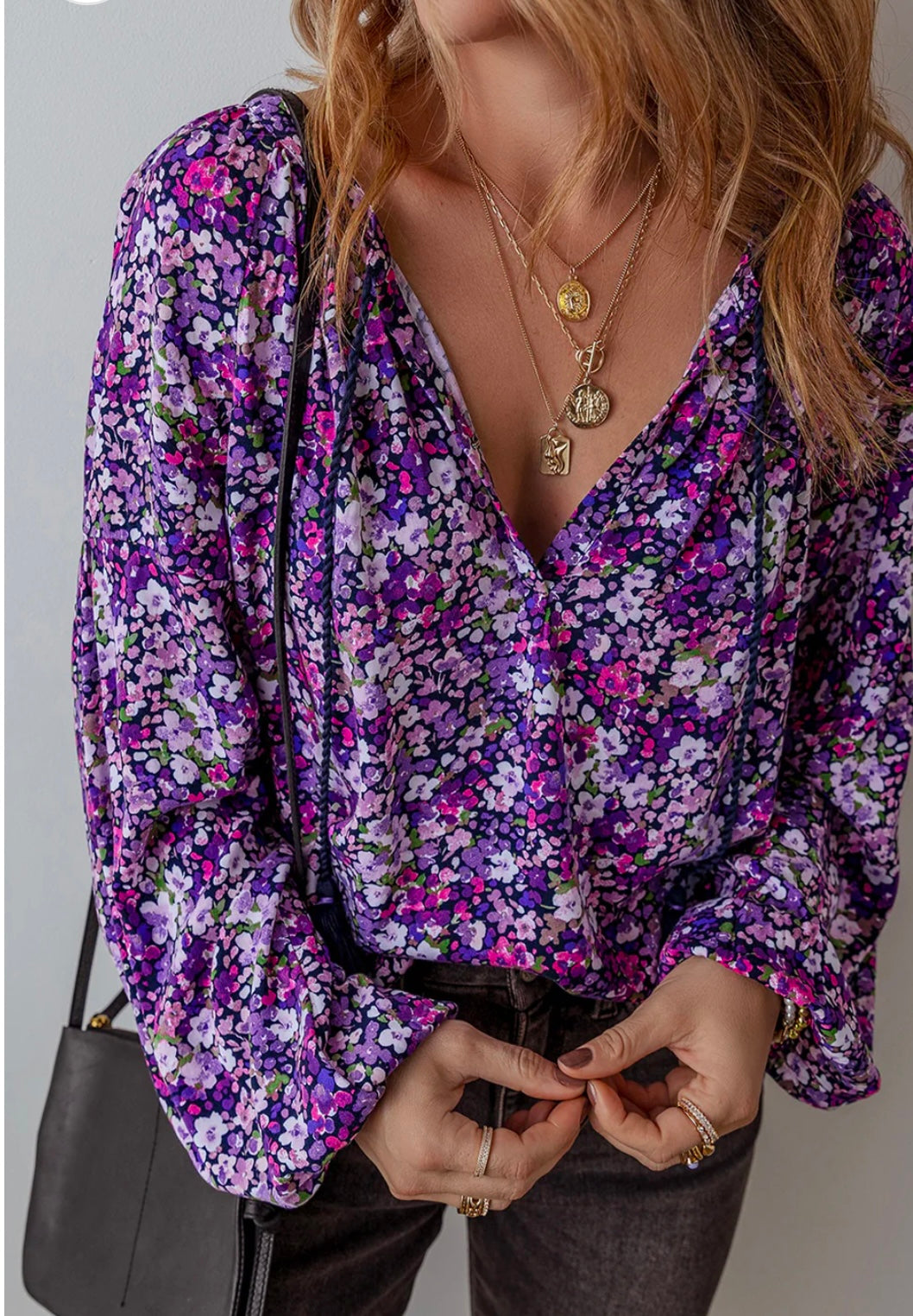 Flower Split V neck Bubble Sleeve Blouse
