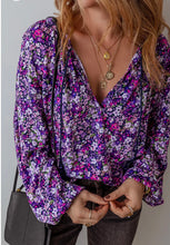 Load image into Gallery viewer, Flower Split V neck Bubble Sleeve Blouse
