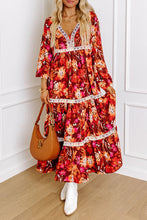 Load image into Gallery viewer, Orange Floral Print Lace Trim maxi dress
