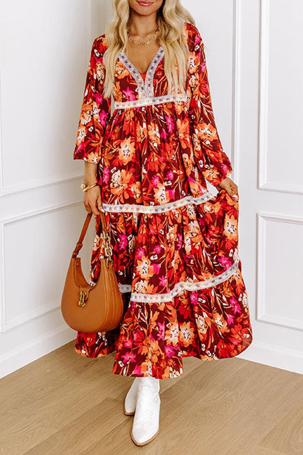 Orange Floral Print Lace Trim maxi dress