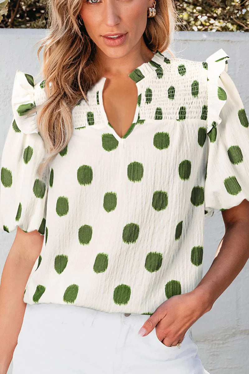 STRIVE FOR THE BEST GREEN DOT BALLOON SLEEVE BLOUSE **SHIPPING EXPECTED TO BEGIN ON DATE 3/15**