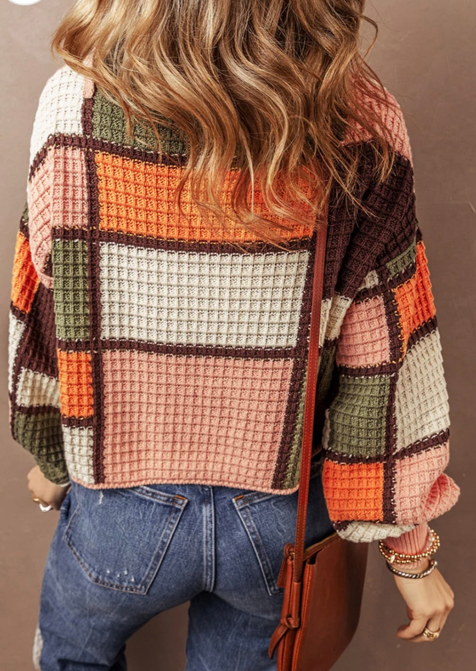 Color Block Waffle Drawstring Mock Neck Sweater