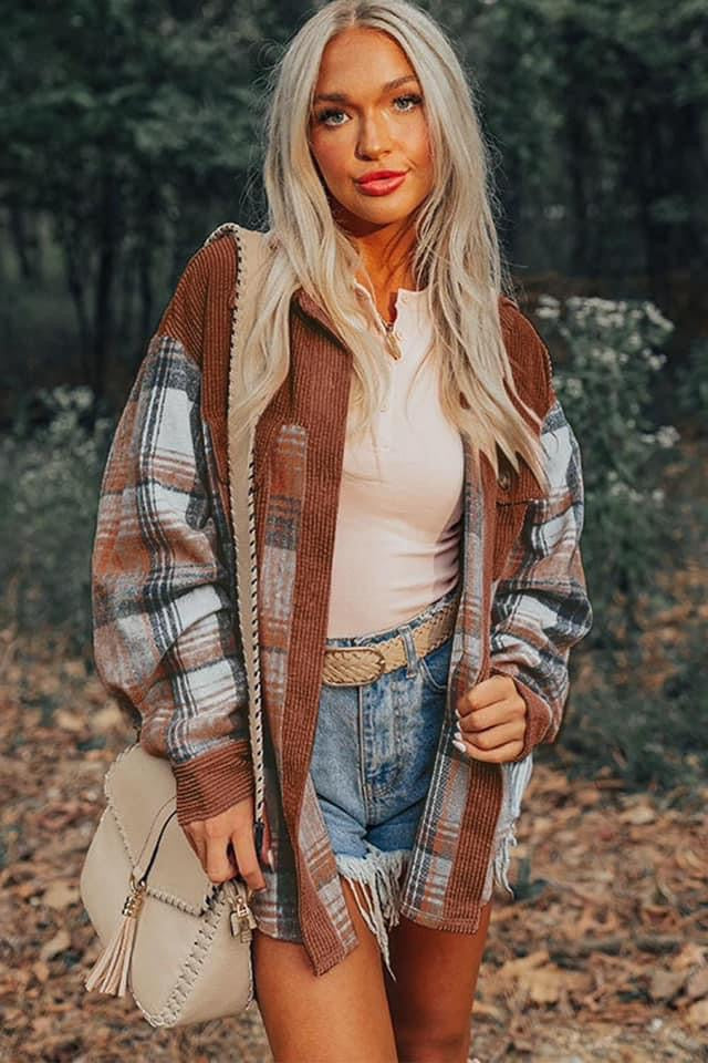 Cinnamon Campfire plaid Corduroy Shacket