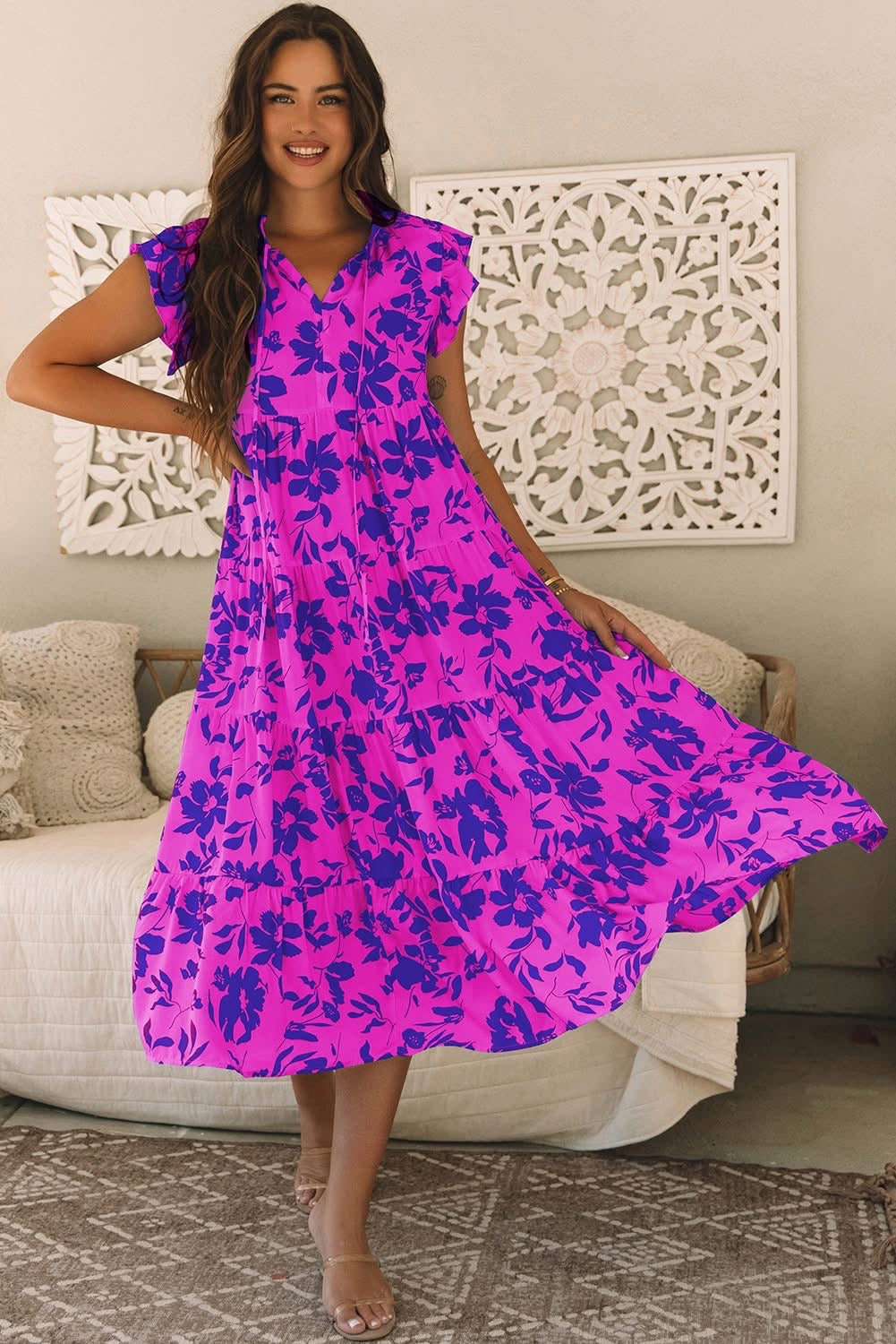 Rose Floral Tiered Frilled Trim Flutter Sleeve Maxi Dress