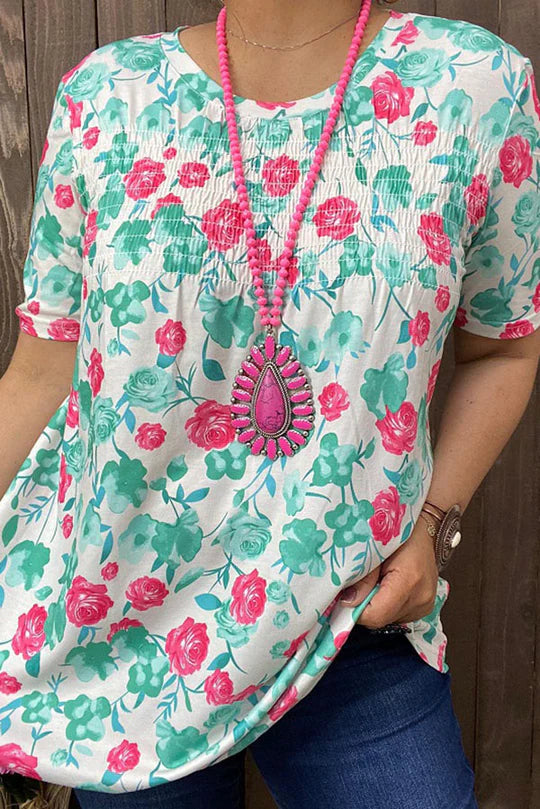 Pink Turquoise Floral Printed Top Lady charmonline