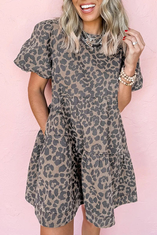 WILD WHISPERS LEOPARD FLARED DENIM MINI DRESS **SHIPPING EXPECTED TO BEGIN ON DATE 4/16**