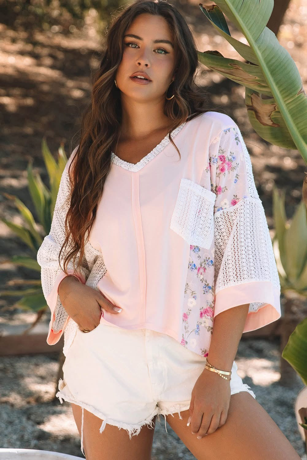 Floral Lace Crochet Batwing Sleeve Blouse