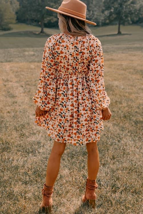 Floral Deep V Neck Smocked Dress