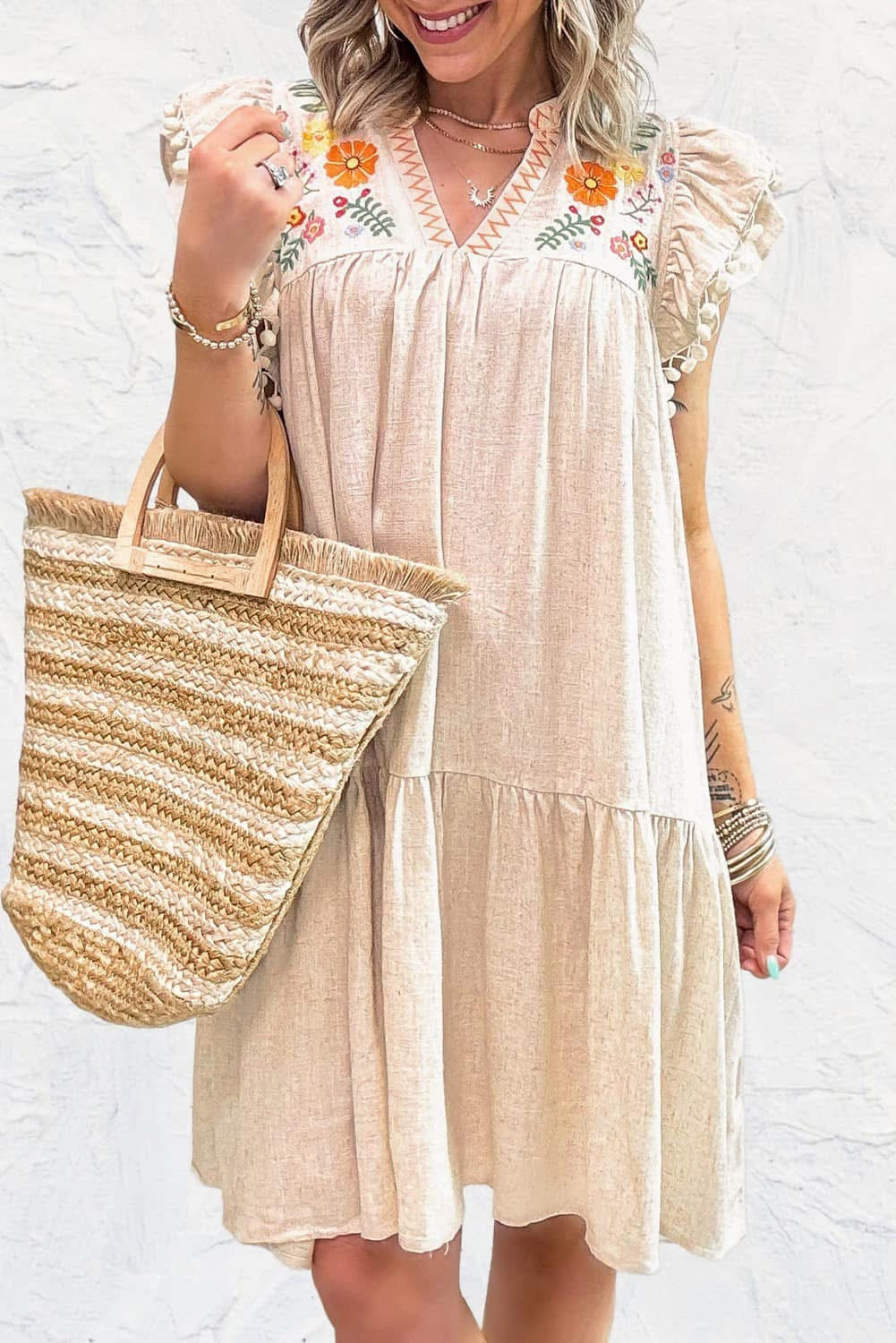 Linen Embroidery Ruffle Sleeves Dress