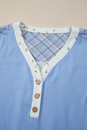 COLORBLOCK CRUSH BEAU BLUE BUBBLE SLEEVE BLOUSE