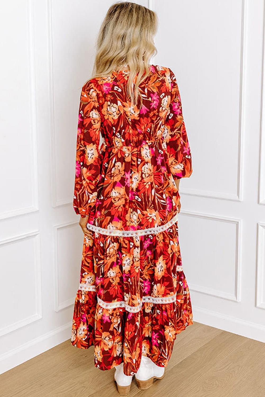 Orange Floral Print Lace Trim maxi dress